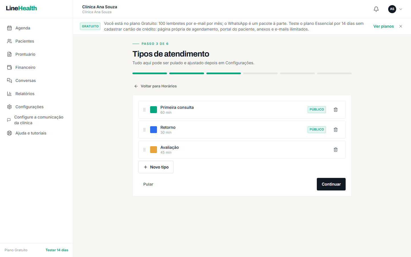 Pronto? Clique em "Continuar" para ver os lembretes automáticos.