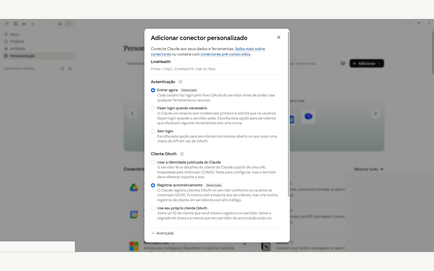 Deixe as opções que o Claude já detectou, "Entrar agora" e "Registrar automaticamente", e siga em frente.