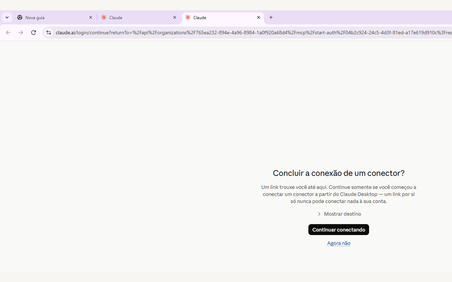 O navegador abre e pergunta se você quer concluir a conexão. Clique em "Continuar conectando".
