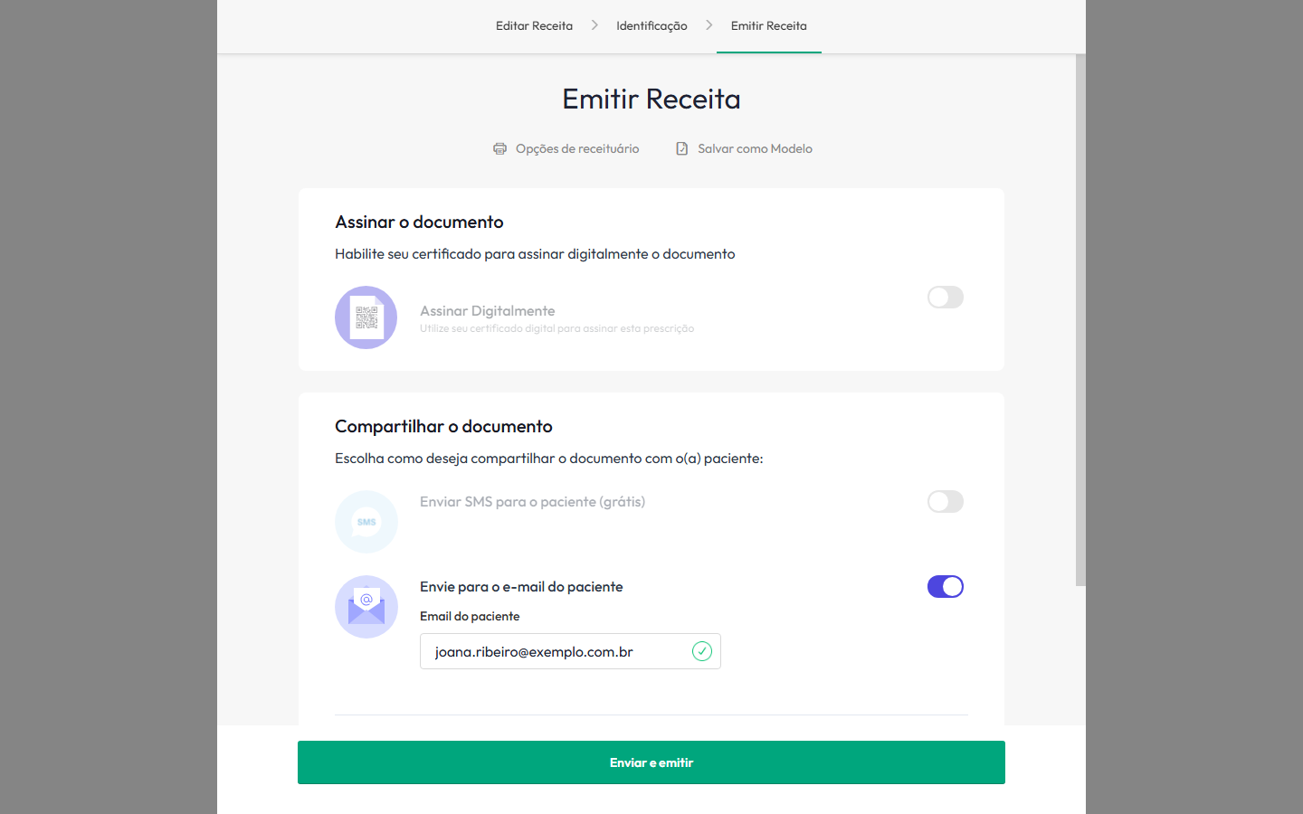 Para assinar com certificado digital, ligue Assinar digitalmente. Sem certificado, a receita sai para imprimir e assinar à mão.