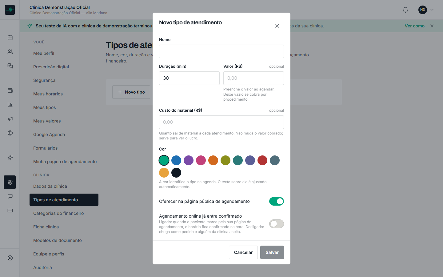 Ao criar ou editar um tipo de atendimento, em Configurações, informe o custo do material: quanto sai de material a cada atendimento. Não muda o valor cobrado; serve para ver o lucro.